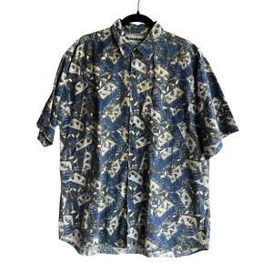 Weekends Men's Vintage Blue Paisley Camp Hawaiian Button Up Shirt Size Large